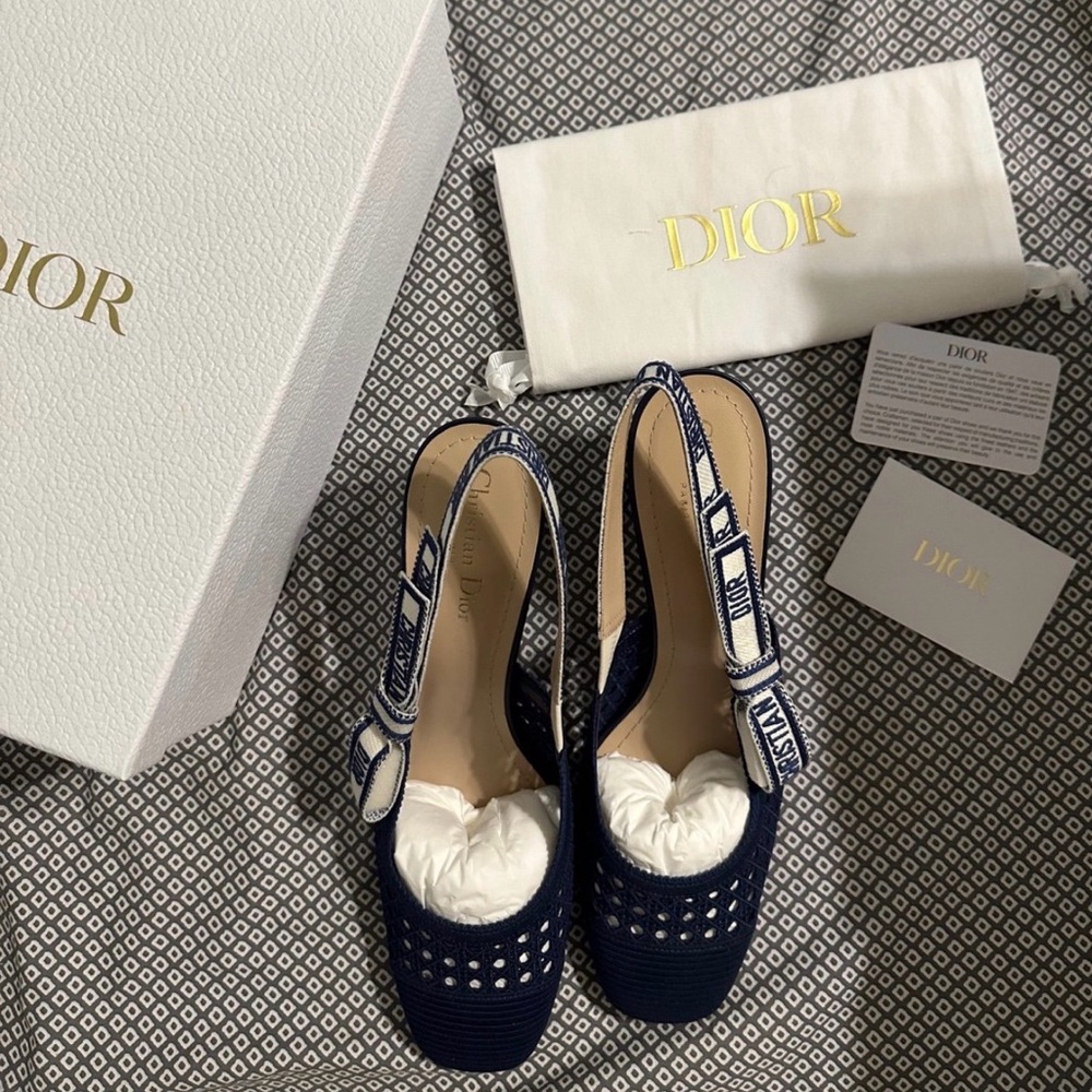 Dior Women's Navy and White Slingback Heels